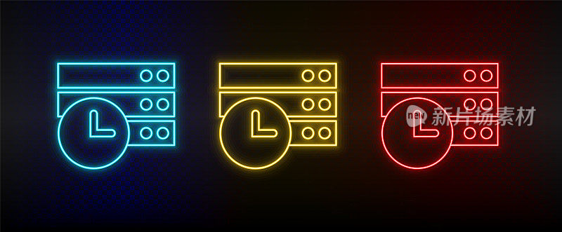 Neon icons. Database server oâclock. Set of red, blue, yellow neon vector icon